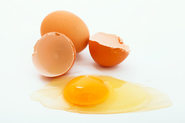 Broken egg on white background