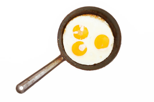 Fried eggs in frying pan. Breakfast. Healthy food.