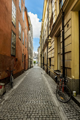 Stockholm.View of narrow streets with bicycles in Gamla Stan.Swe