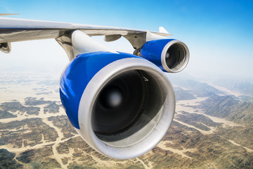 Jet engine on the wing of an aircraft