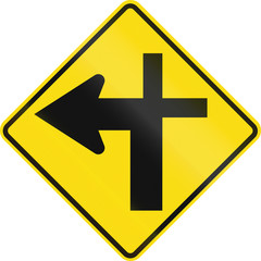 New Zealand road sign - Crossroads ahead (priority turns left)