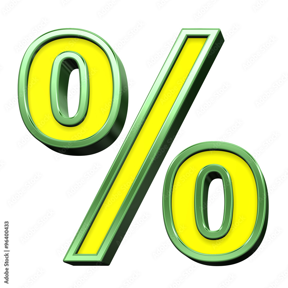 Fototapete percent sign from yellow with green frame alphabet set, isolated on white. computer generated 3d pho