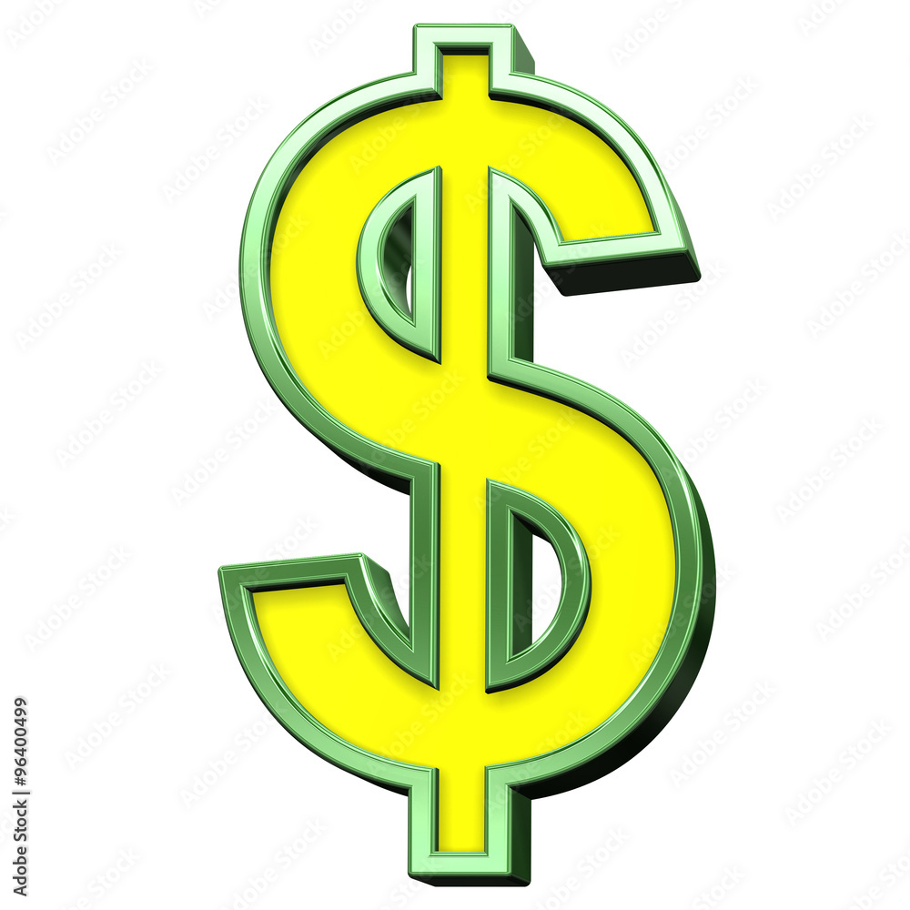 Fototapete dollar sign from yellow with green frame alphabet set, isolated on white. computer generated 3d phot