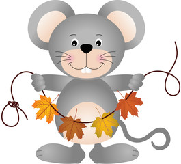 Mouse holding a garland of fall leaves

