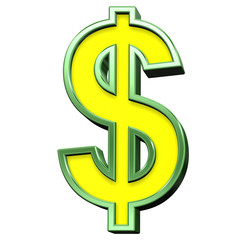 Dollar sign from yellow with green frame alphabet set, isolated on white. Computer generated 3D photo rendering.