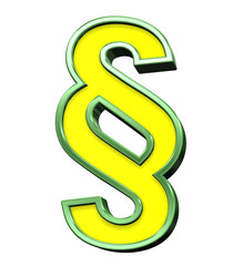 Paragraph sign from yellow with green frame alphabet set, isolated on white. Computer generated 3D photo rendering.