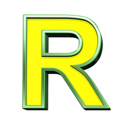 One letter from yellow with green frame alphabet set, isolated on white. Computer generated 3D photo rendering.