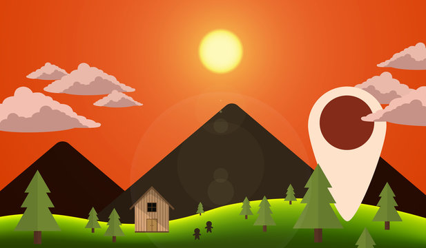 Landscape Evening Forest Mountain Navigation Vector