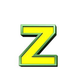 One lower case letter from yellow with green frame alphabet set, isolated on white. Computer generated 3D photo rendering.