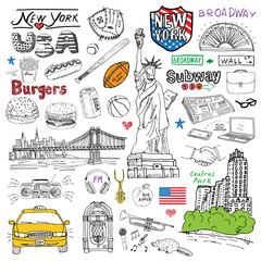 New York city doodles elements. Hand drawn set with, taxi, coffee, hotdog, burger, statue of liberty, broadway, music, coffee, newspaper, manhatan bridge, central park. Doodle collection, isolated - obrazy, fototapety, plakaty