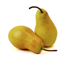 Two mature yellow autumn pears isolated on white background