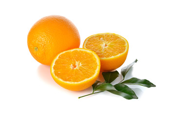 whole and half cut orange on white background