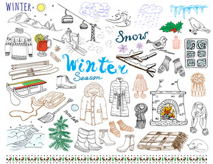 Winter season set doodles elements. Hand drawn set with glass hot wine, boots, clothes, fireplace, mountains, ski and sladge, warm blanket, socks and hats, and lettering words. Drawing set, isolated