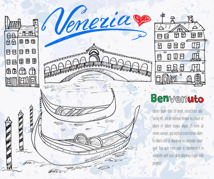 Venice Italy sketch elements. Hand drawn set with flag, map, gondolas, houses, market bridge. Lettering Venice, welcome in Italian. Drawing doodle collection and sampe text, isolated