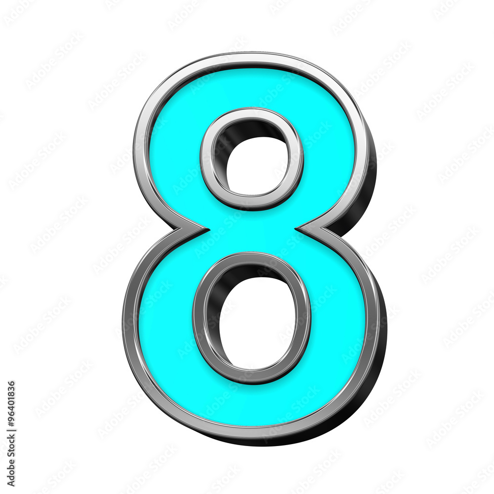 Fototapete one digit from turquoise with chrome frame alphabet set, isolated on white. computer generated 3d ph