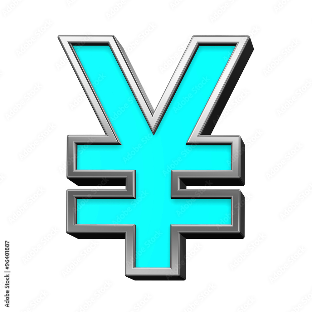 Fototapete yen sign from turquoise with chrome frame alphabet set, isolated on white. computer generated 3d pho