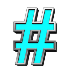 Number mark sign from turquoise with chrome frame alphabet set, isolated on white. Computer generated 3D photo rendering.