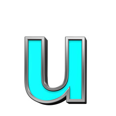 One lower case letter from turquoise with chrome frame alphabet set, isolated on white. Computer generated 3D photo rendering.