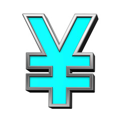 Yen sign from turquoise with chrome frame alphabet set, isolated on white. Computer generated 3D photo rendering.