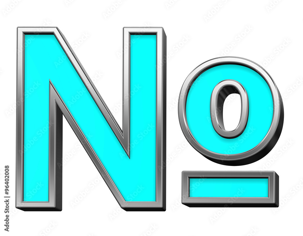 Fototapete number mark sign from turquoise with chrome frame alphabet set, isolated on white. computer generate