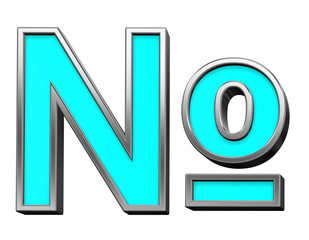 Number mark sign from turquoise with chrome frame alphabet set, isolated on white. Computer generated 3D photo rendering.