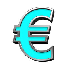 Euro sign from turquoise with chrome frame alphabet set, isolated on white. Computer generated 3D photo rendering.