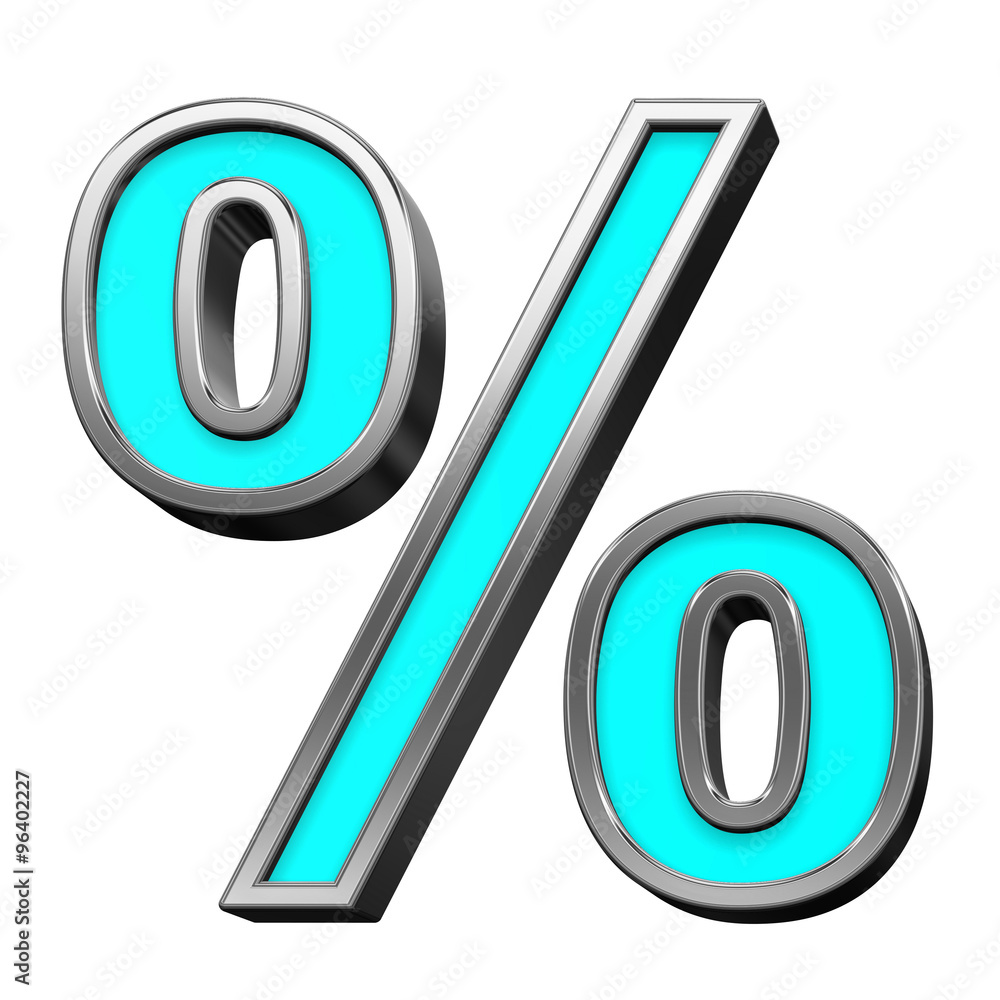 Fototapete Percent sign from turquoise with chrome frame alphabet set, isolated on white. Computer generated 3D photo rendering.