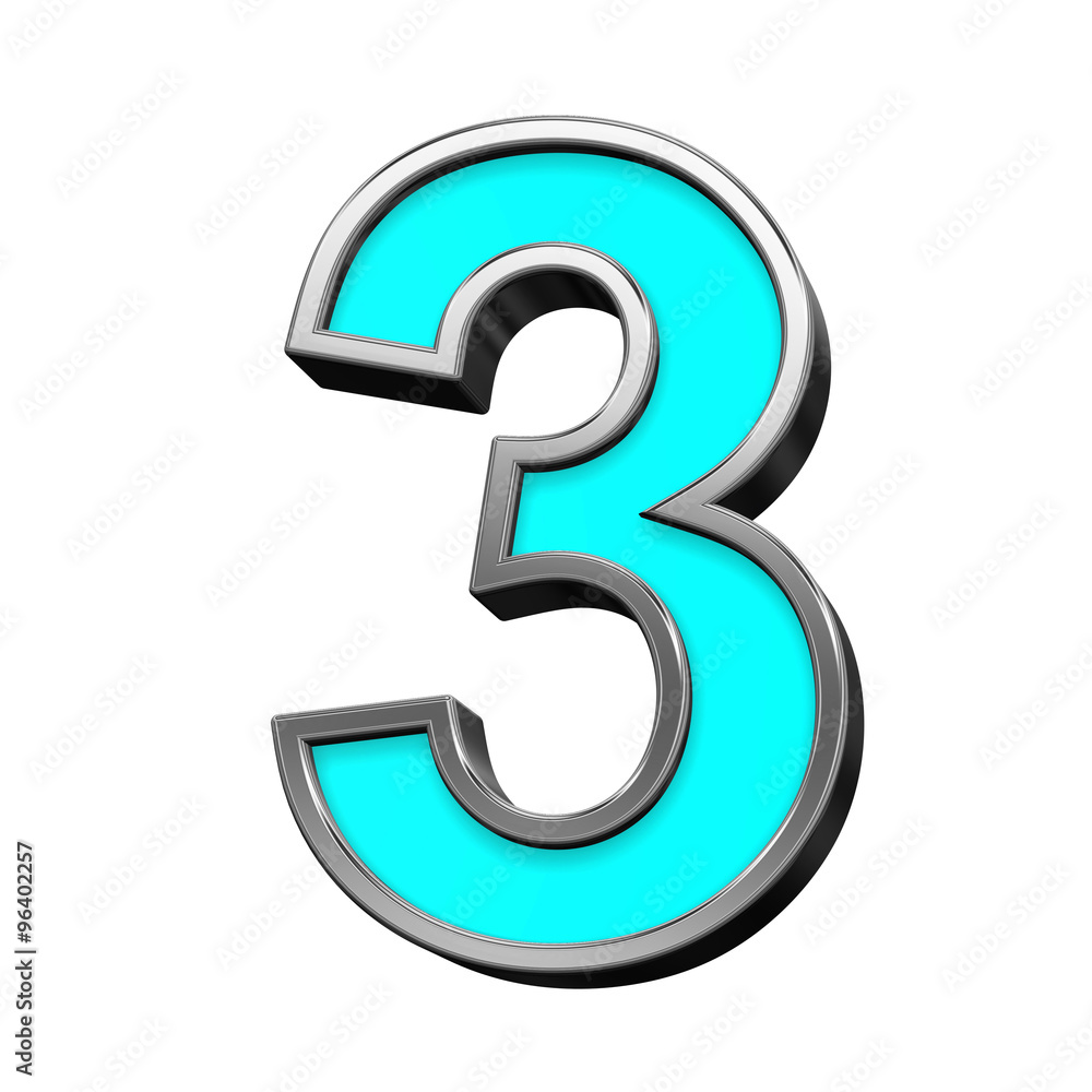 Fototapete one digit from turquoise with chrome frame alphabet set, isolated on white. computer generated 3d ph