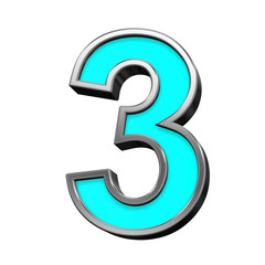 One digit from turquoise with chrome frame alphabet set, isolated on white. Computer generated 3D photo rendering.