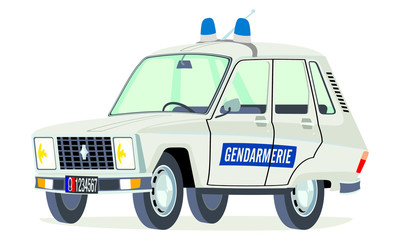 Caricatura Renault 4 gendarmeria francesa blanco vista frontal y lateral