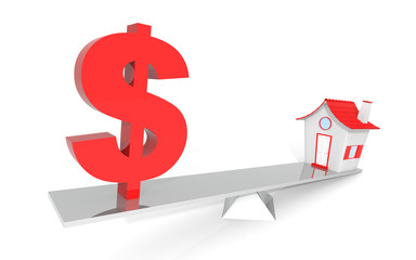 Model house and US Dollar symbol balancing on a seesaw