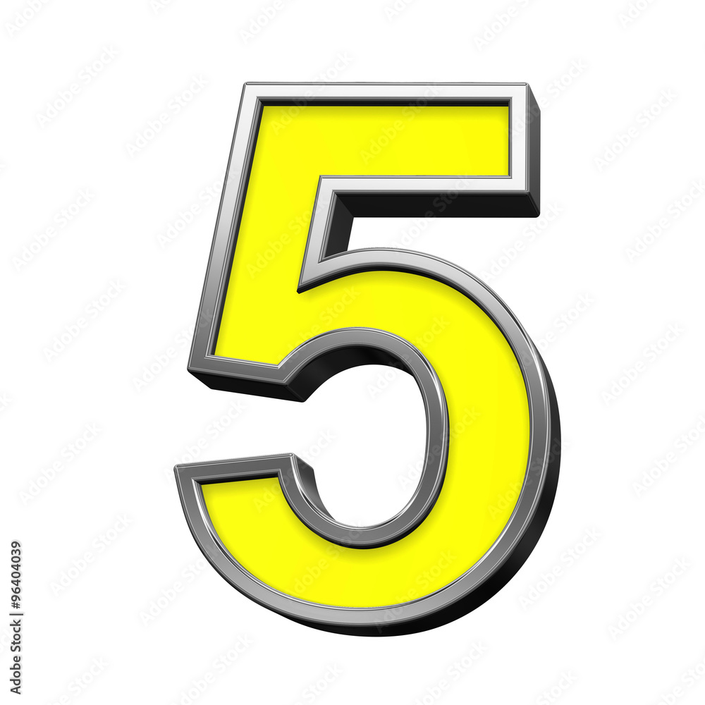 Fototapete one digit from yellow with chrome frame alphabet set, isolated on white. computer generated 3d photo