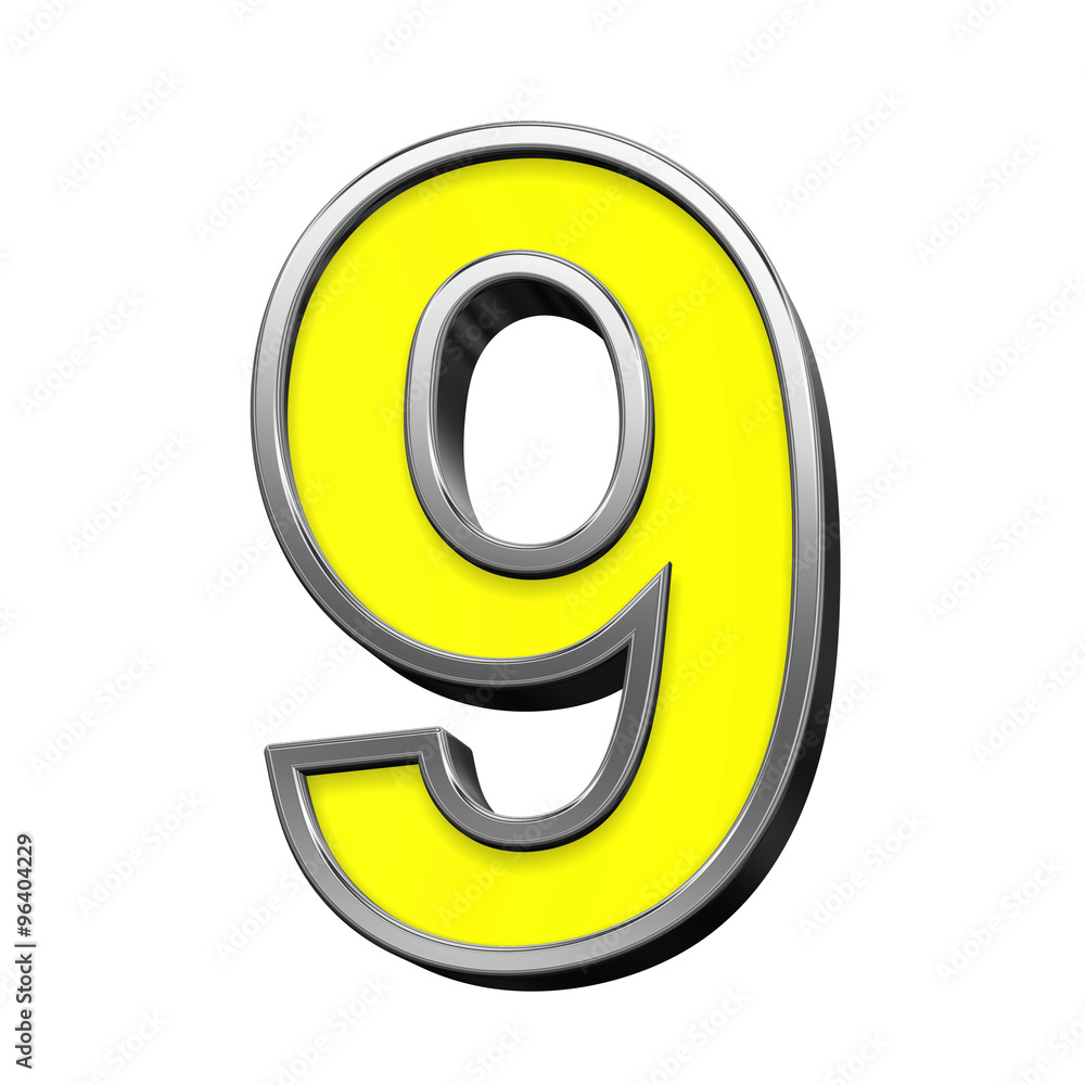 Fototapete one digit from yellow with chrome frame alphabet set, isolated on white. computer generated 3d photo