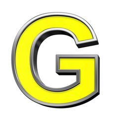 One letter from yellow with chrome frame alphabet set, isolated on white. Computer generated 3D photo rendering.