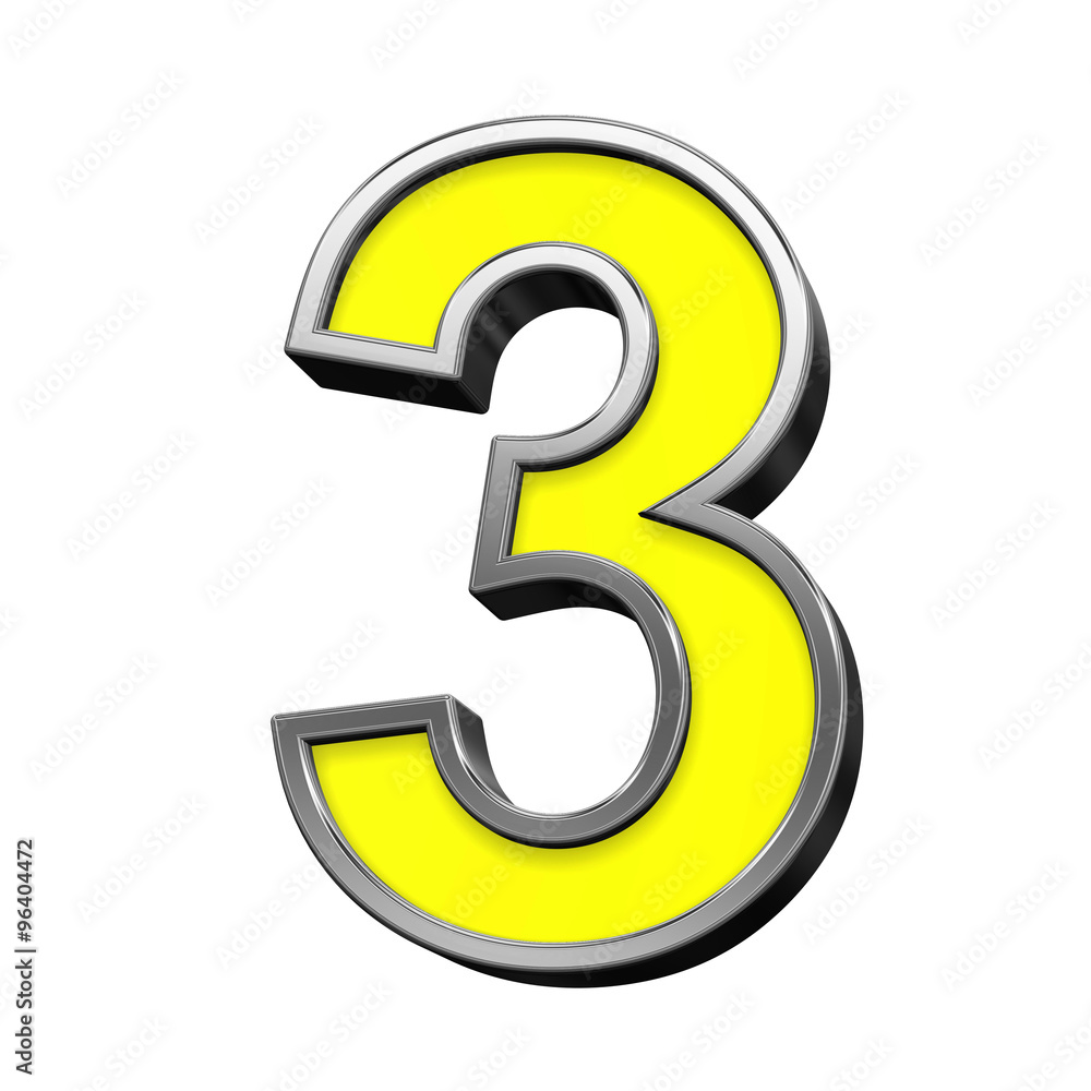 Fototapete one digit from yellow with chrome frame alphabet set, isolated on white. computer generated 3d photo
