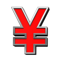 Obraz premium Yen sign from red with chrome frame alphabet set, isolated on white. Computer generated 3D photo rendering.