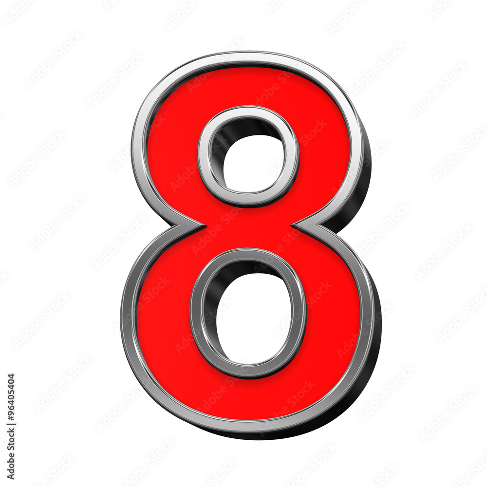 Fototapete one digit from red with chrome frame alphabet set, isolated on white. computer generated 3d photo re