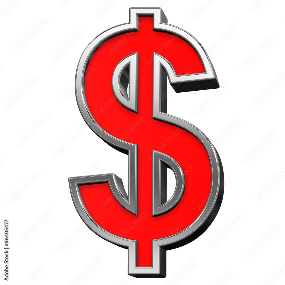 Fototapete dollar sign from red with chrome frame alphabet set, isolated on white. computer generated 3d photo 