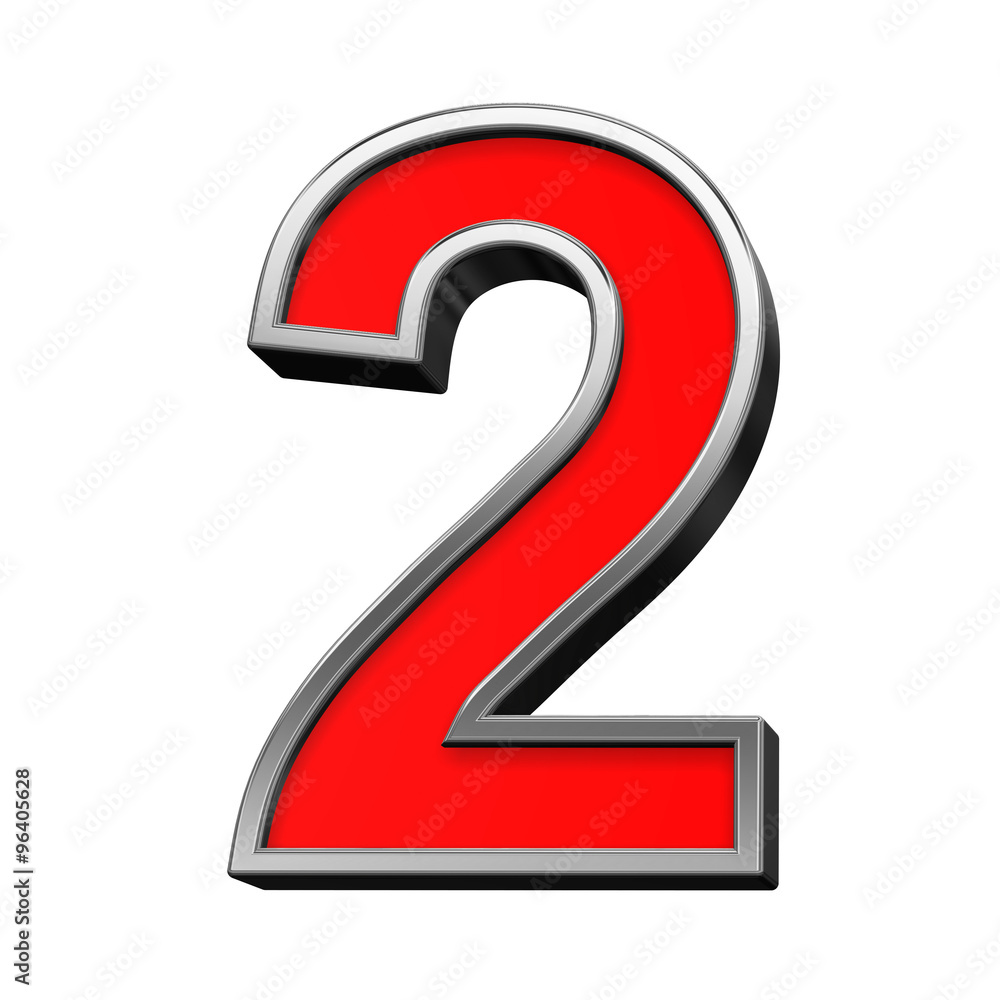 Fototapete one digit from red with chrome frame alphabet set, isolated on white. computer generated 3d photo re