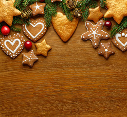 Christmas wooden background  with spruce tree and holiday rustic decor