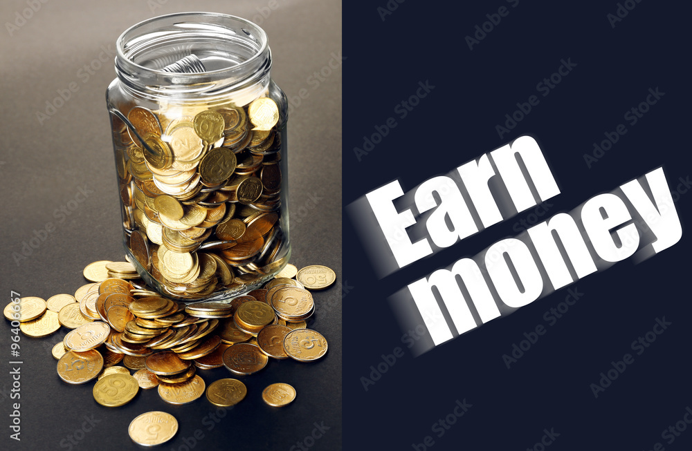 Poster glass jar with coins on dark background