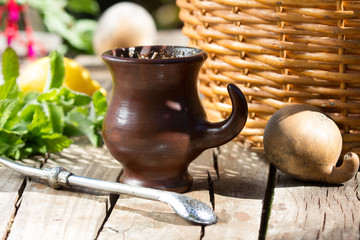 Herb mate on wooden table