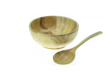 Empty wooden bowl and soup spoon isolated on white background