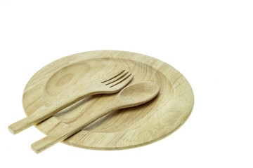 Empty flat wooden dish, fork and spoon isolated on white backgro