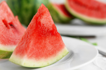 Sliced watermelon on plate closeup