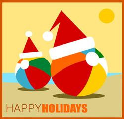 Obraz premium happy holidays greeting with beach balls wearing Santa hats