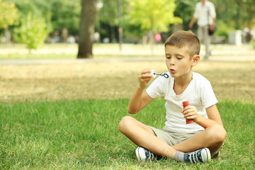 Little boy playing with bubbles in the park