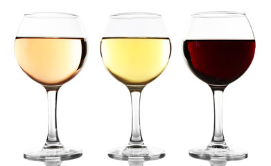 Glasses with white, rose and red wine isolated on white background