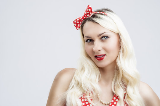 Hot Caucasian Female Blond Woman Posing in Pinup Style Clothes