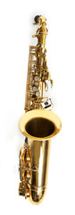 Golden saxophone isolated on white background